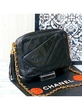 Chanel Chain Shoulder Quilted Lambskin Fringe CC Logo Black